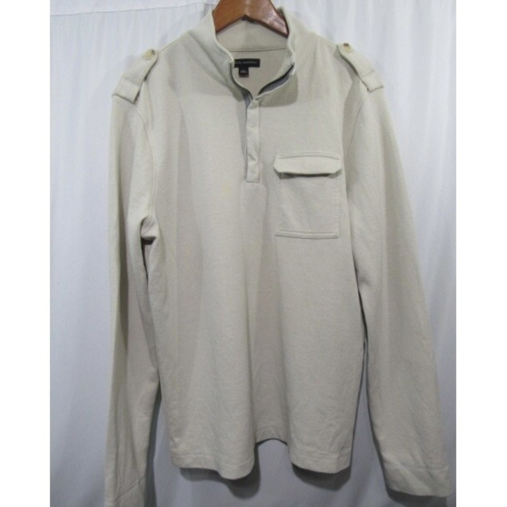 Banana Republic Size L Mens Beige 1/4‎ Zip Hooded Sweater Military strap accent